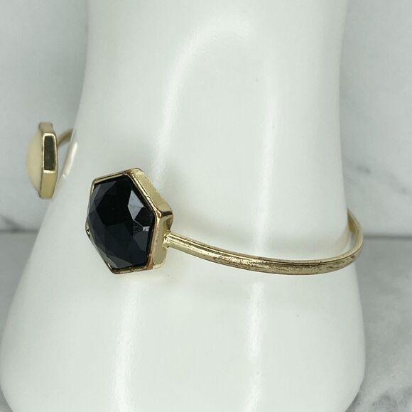 Gold Tone Black and White Geometric Cuff Bangle Bracelet - Picture 8 of 8